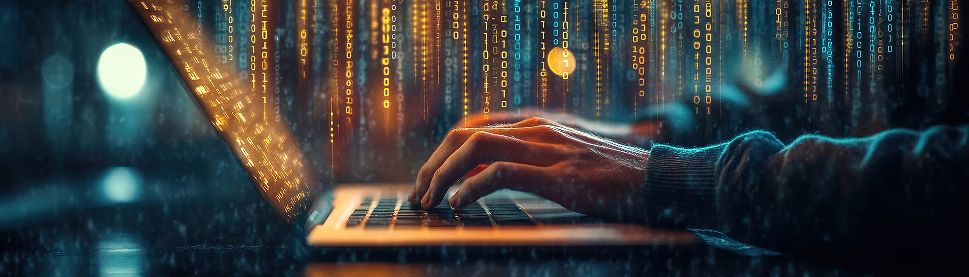 Stylized image of hands on keyboard with matrix like computer code